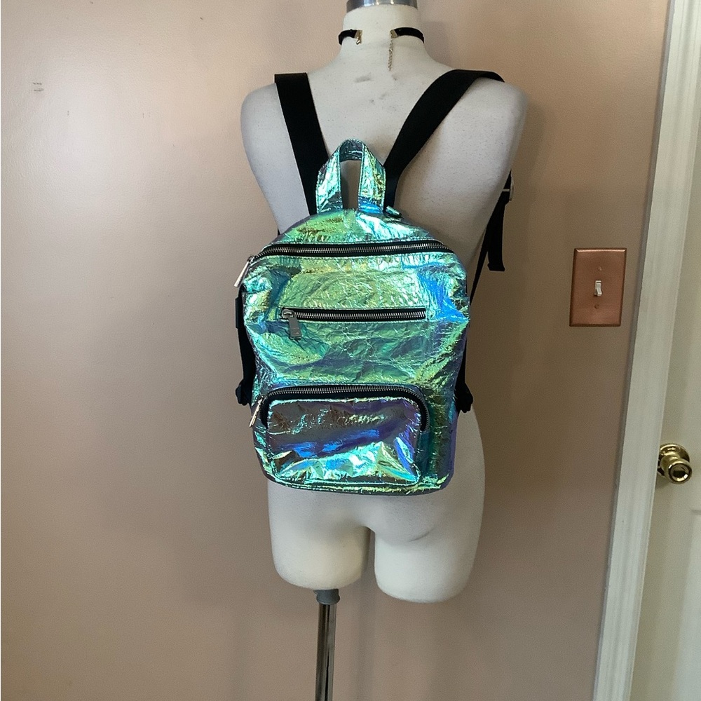 Zara Iridescent Rainbow Metallic Mini Backpack Purse Zipper Pockets 10.5x12x5